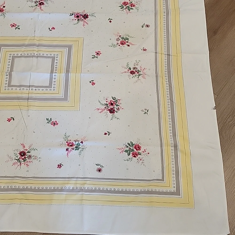 Vintage Floral Square Tablecloth with Yellow and Pink Rose Accents